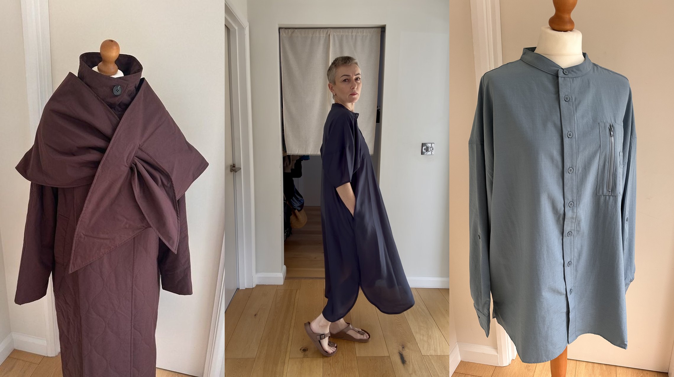 Camel quilted coat, navy dress, and slate oversized shirt